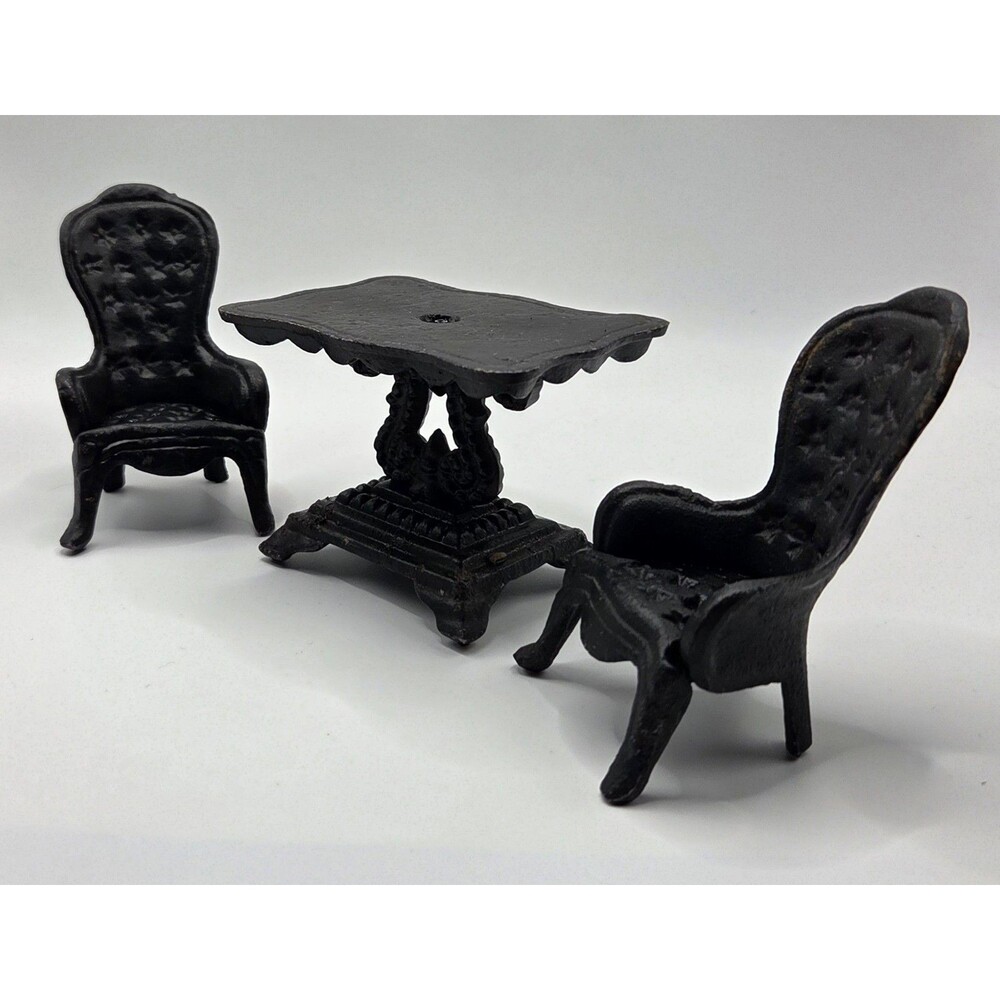 VTG Mini Cast Iron Parlor Patio Furniture Set Victorian Harp Table Tufted Chairs